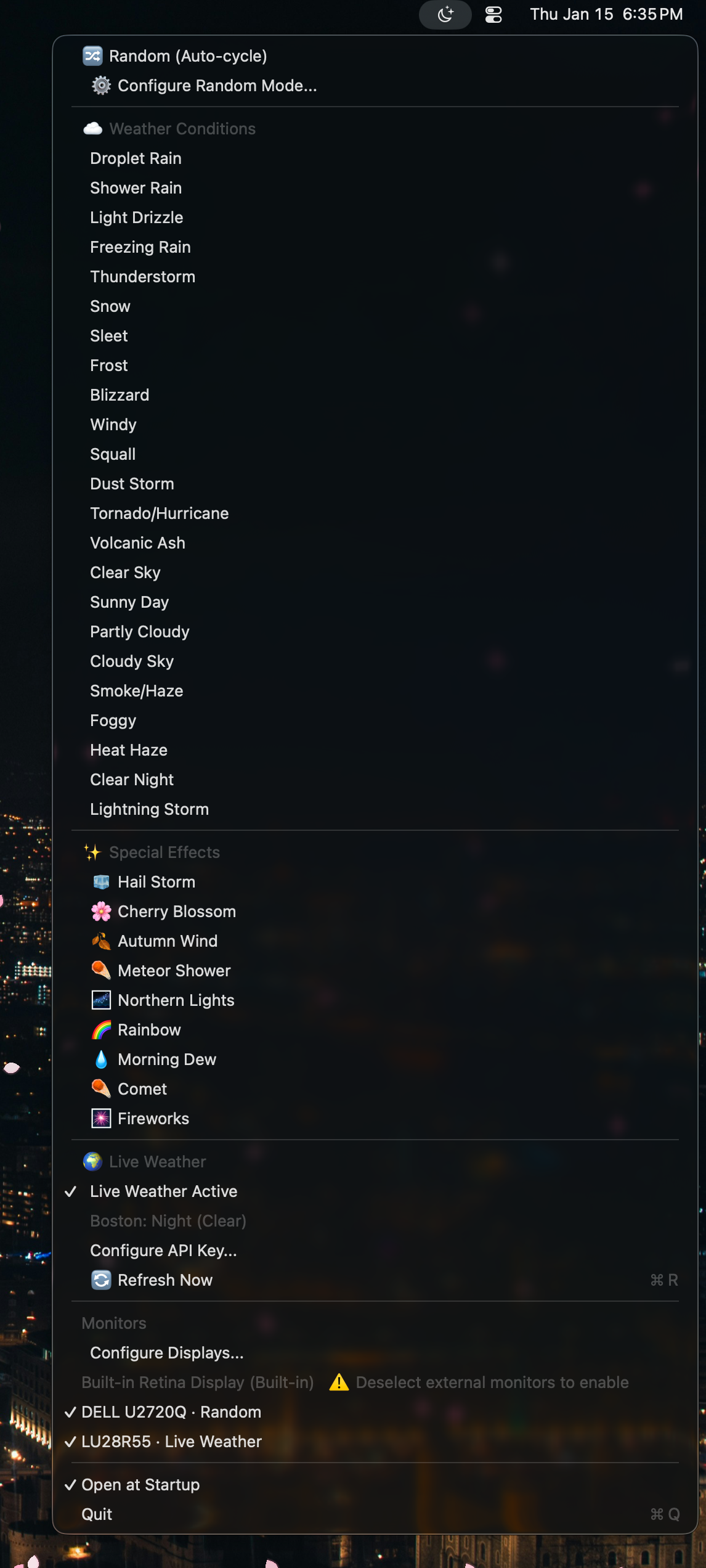 LumenSky menu bar dropdown